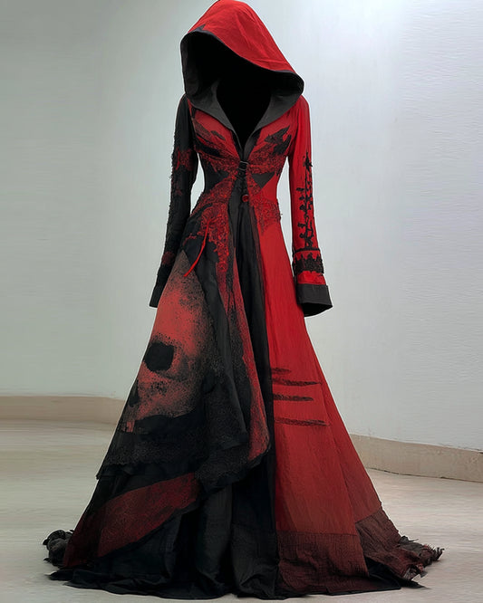 Boho Witch Contrast Skull Lace Panel Hooded Evening Dress 745d