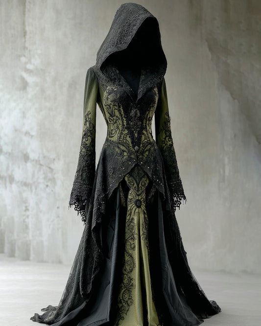 Boho Witch Gradient Bat Embroidered Lace Patchwork Hooded Evening Dress 4392