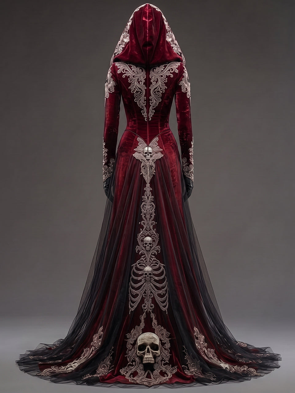 Womens V-neck Hooded Long Sleeve Skull Embroidered Fitted Tulle Panel Train Mermaid Maxi Gown