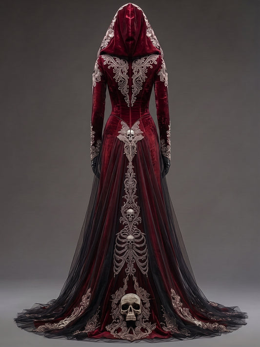 Womens V-neck Hooded Long Sleeve Skull Embroidered Fitted Tulle Panel Train Mermaid Maxi Gown