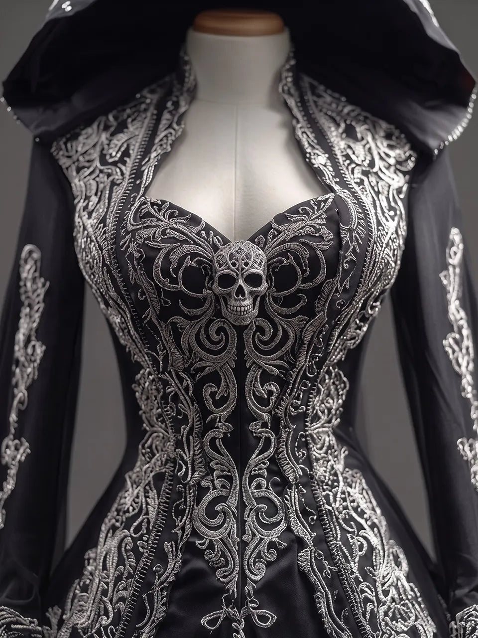 Womens Pointed Hood Sweetheart Neck Satin Embroidered Mesh Splice Long Sleeve Ball Gown Long Dress