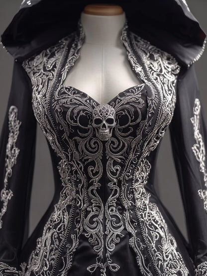 Womens Pointed Hood Sweetheart Neck Satin Embroidered Mesh Splice Long Sleeve Ball Gown Long Dress