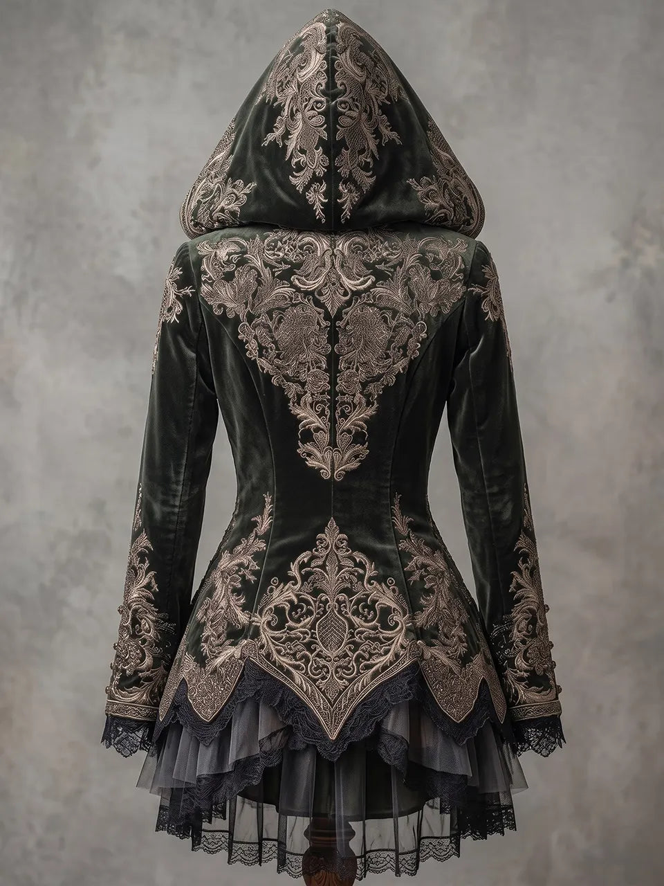 Womens Hooded V Neck Velvet Embroidered Buttoned Waist Long Sleeve Lace Layered Tulle Irregular Hem Mid Length Coat