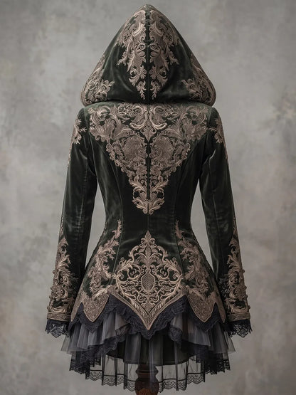 Womens Hooded V Neck Velvet Embroidered Buttoned Waist Long Sleeve Lace Layered Tulle Irregular Hem Mid Length Coat