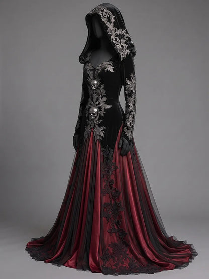 Womens V-neck Hooded Long Sleeve Skull Embroidered Velvet Spliced Tulle Flare Train Maxi Gown