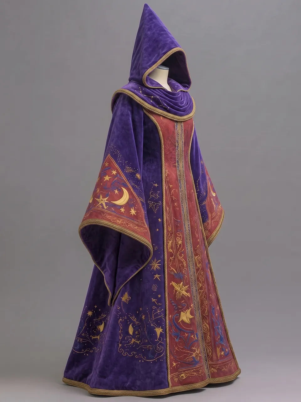 Womens Pointed Hood Draped Collar Trimmed Wide Sleeve Astrological Symbol Embroidered Velvet Long Wizard Robe
