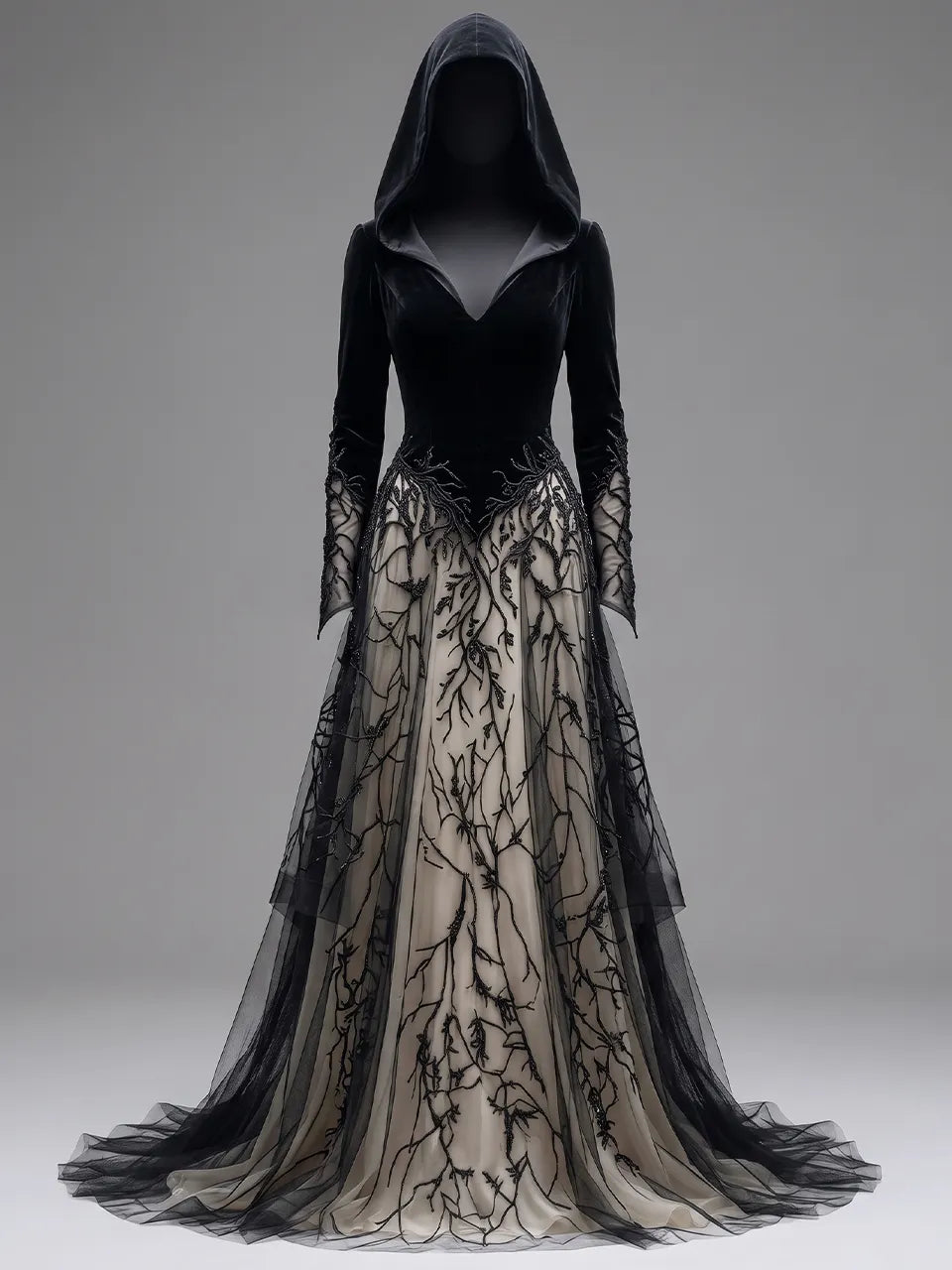 Womens Hooded V Neck Velvet Spliced Embroidered Sheer Long Sleeve Layered Tulle Floor Length Long Gown