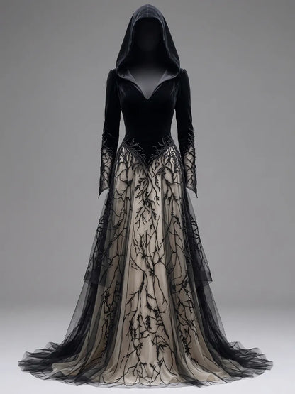 Womens Hooded V Neck Velvet Spliced Embroidered Sheer Long Sleeve Layered Tulle Floor Length Long Gown