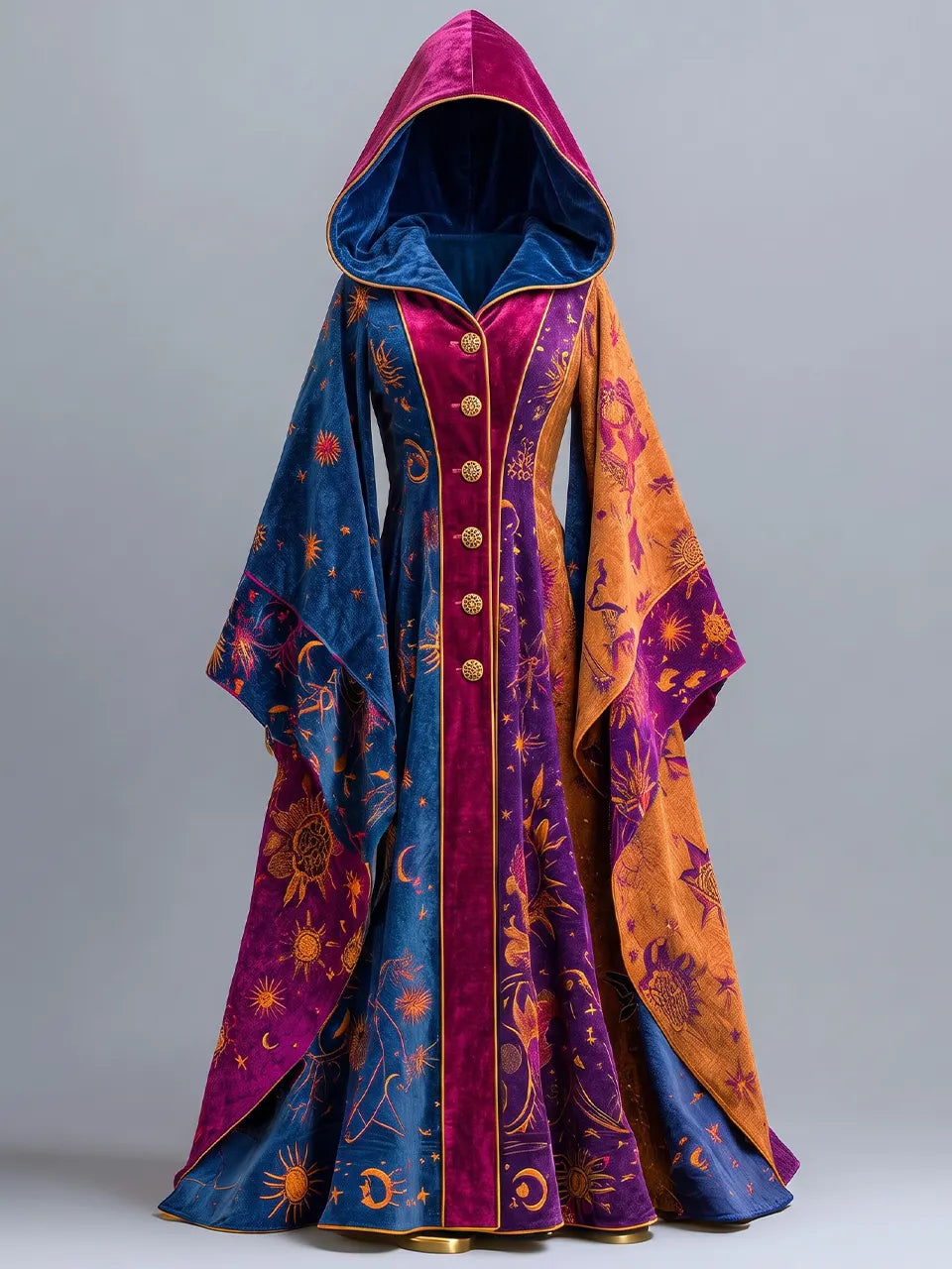 Womens Hooded V-neck Single-breasted Wide Sleeve Astrological Print Velvet Long Wizard Robe