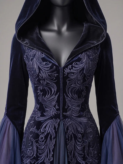 Womens V-neck Hooded Flare Sleeve Vine Embroidered Velvet Spliced Tulle Flowy Maxi Gown