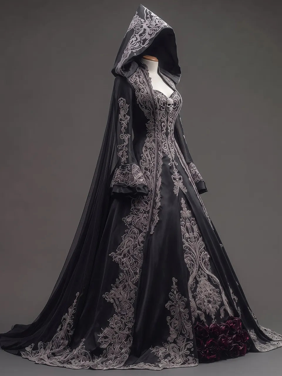 Womens Pointed Hood Sweetheart Neck Satin Embroidered Mesh Splice Long Sleeve Ball Gown Long Dress