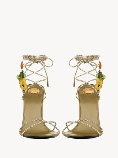Rhinestone Lace Up High Heel Sandals -  Yellow & Amande