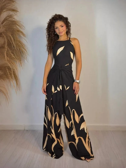Women's Black Printed Jumpsuit Clarisse Long Wrap Style