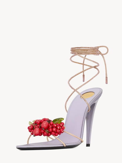 Rhinestone Lace Up High Heel Sandals - Lilac & Red