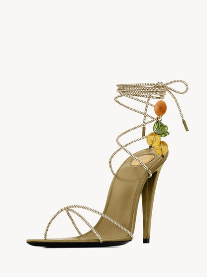 Rhinestone Lace Up High Heel Sandals -  Yellow & Amande