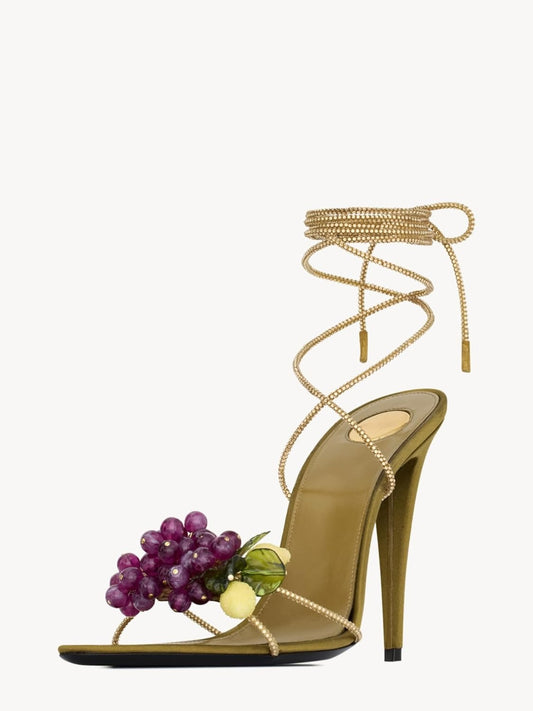 Rhinestone Lace Up High Heel Sandals -  Yellow & Grape