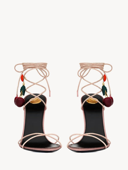 Rhinestone Lace Up High Heel Sandals - Pink & Cherry