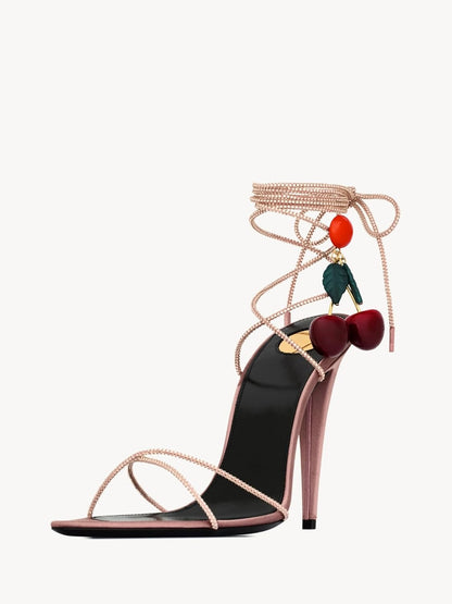 Rhinestone Lace Up High Heel Sandals - Pink & Cherry