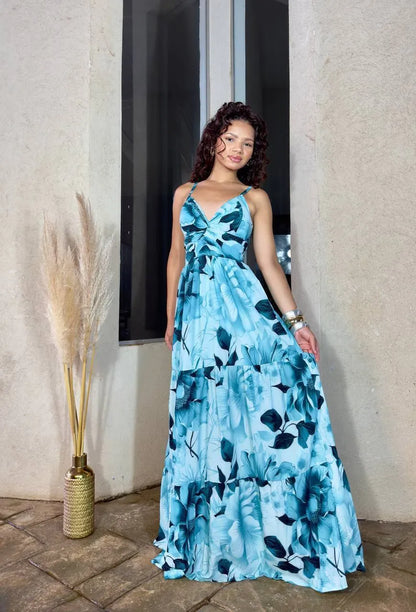 Women's Aurora Long Dress with Leaf Print - Blue