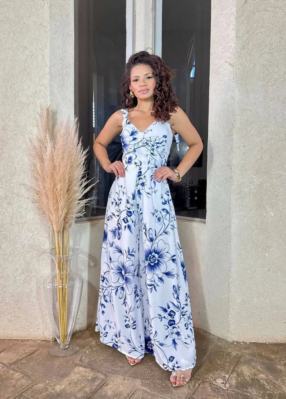 Women's Jumpsuit with Blue Leaves