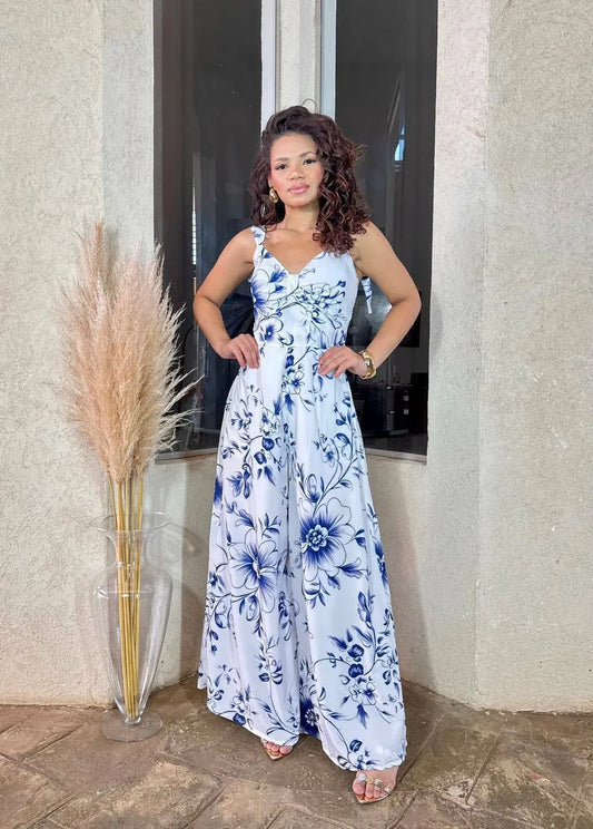 Women's Jumpsuit with Blue Leaves