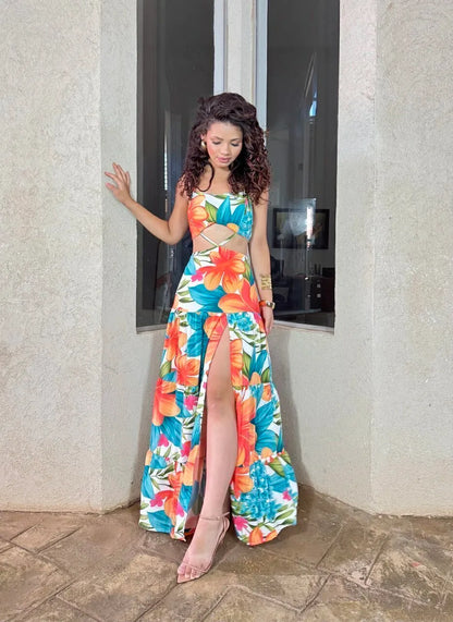 Women's Dress with Orange and Blue Leaf Print - Serena Long