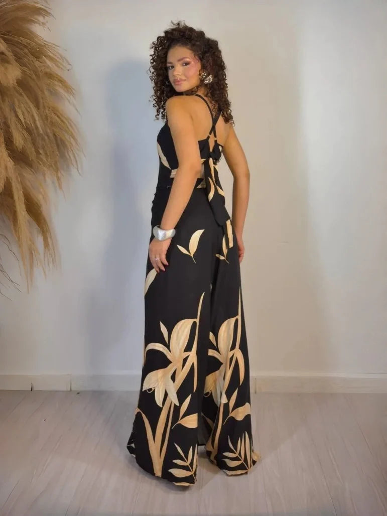 Women's Black Printed Jumpsuit Clarisse Long Wrap Style