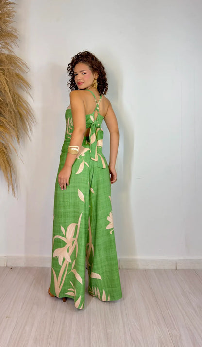 Women's Printed Military Green Jumpsuit Clarisse Long Wrap Style