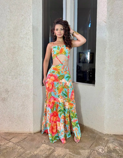 Women's Floral Print Dress with Macaw Design