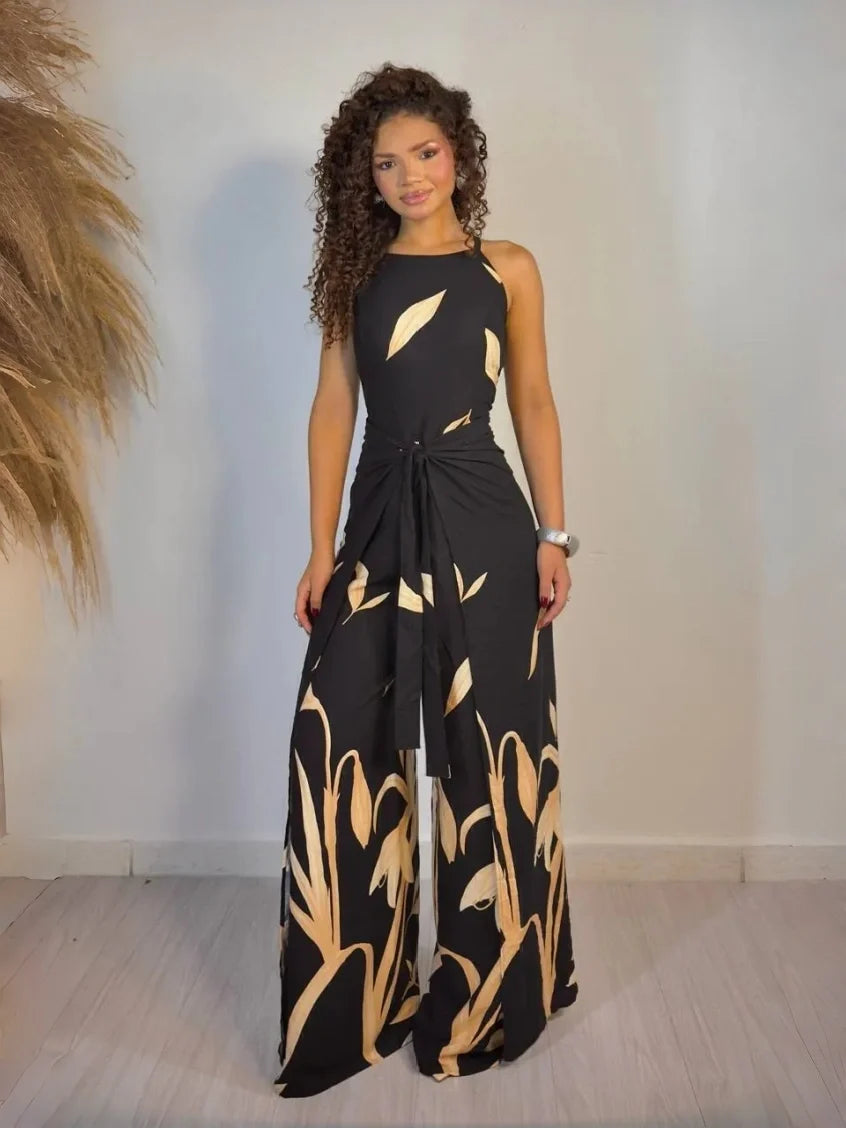 Women's Black Printed Jumpsuit Clarisse Long Wrap Style