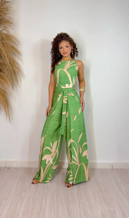 Women's Printed Military Green Jumpsuit Clarisse Long Wrap Style