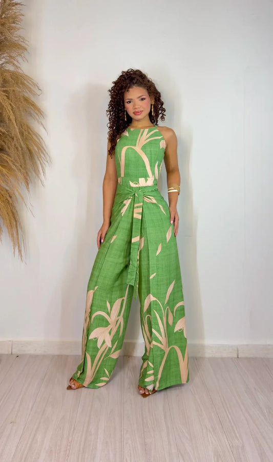 Women's Printed Military Green Jumpsuit Clarisse Long Wrap Style