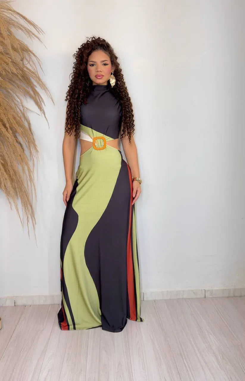 Women's Long Dress Débora Black with Prints