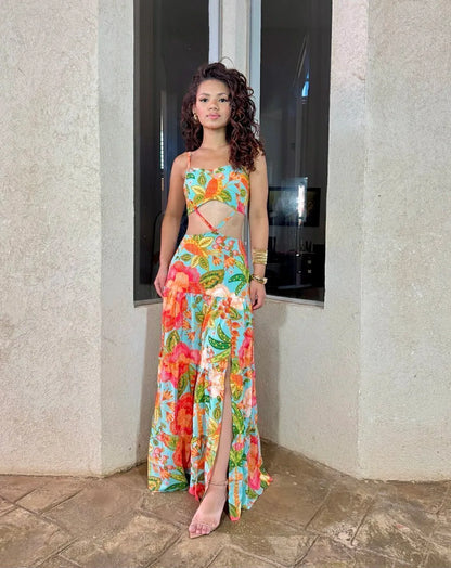Women's Floral Print Dress with Macaw Design