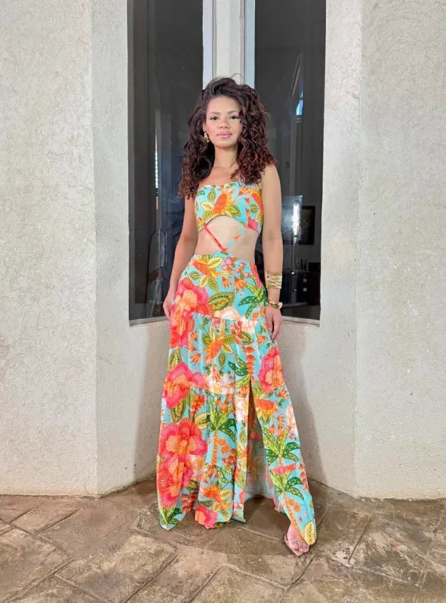 Women's Floral Print Dress with Macaw Design