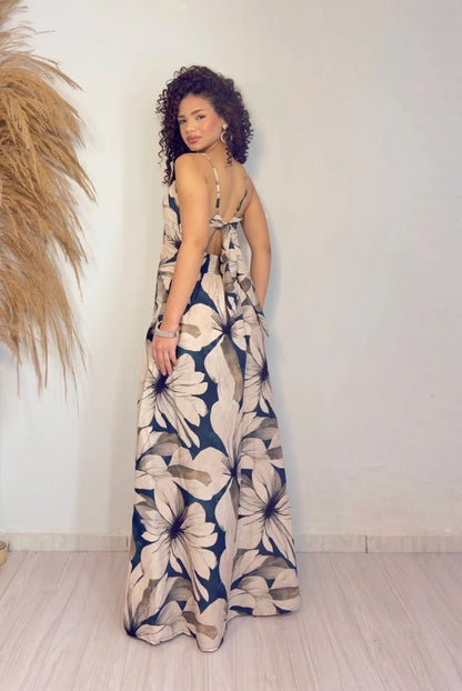 Women's Long Dress Cloe Leaf Background Gray