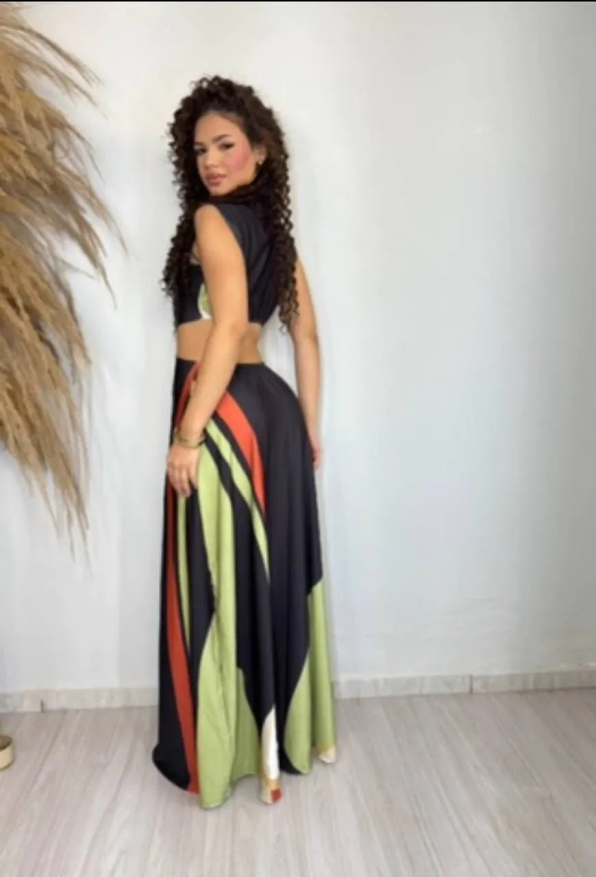 Women's Long Dress Débora Black with Prints
