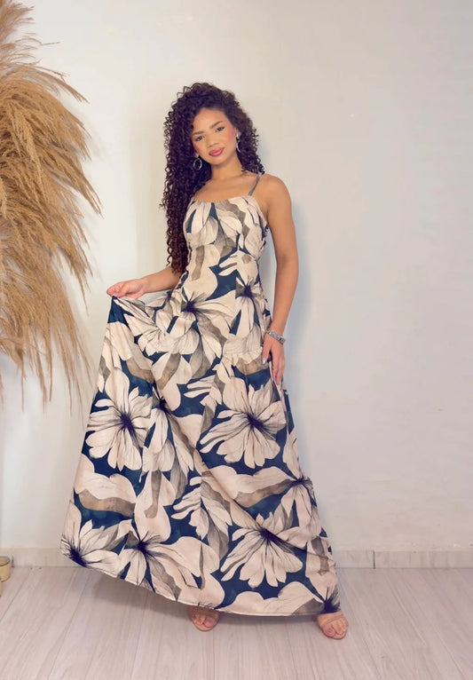 Women's Long Dress Cloe Leaf Background Gray