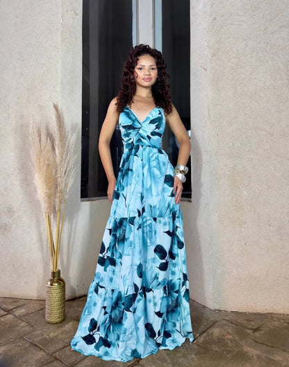 Women's Aurora Long Dress with Leaf Print - Blue