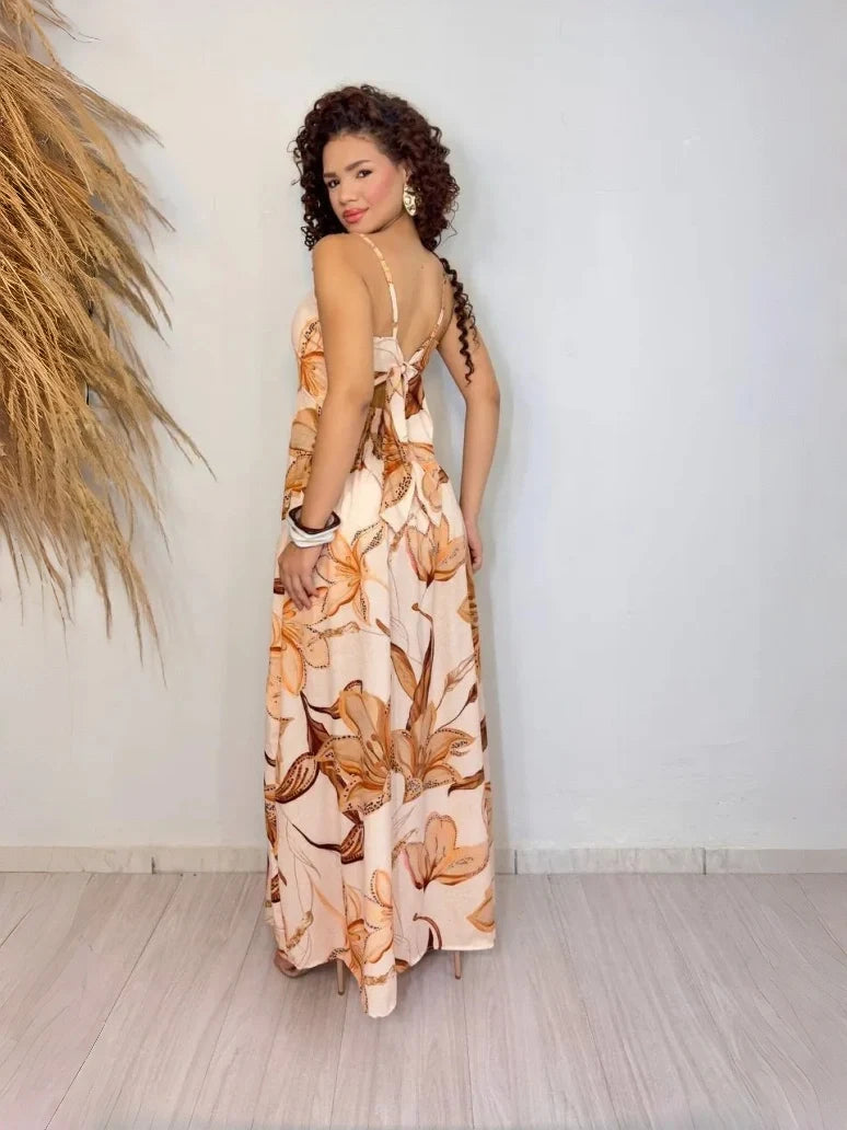 Women's Long Dress Cloe with Leaves in Brown