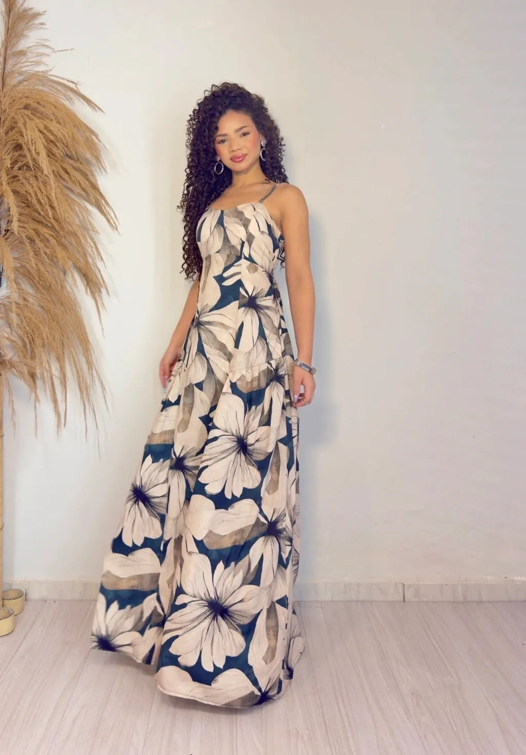 Women's Long Dress Cloe Leaf Background Gray