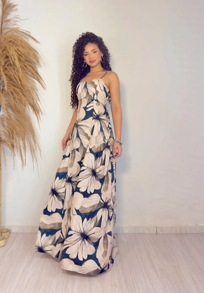 Women's Long Dress Cloe Leaf Background Gray