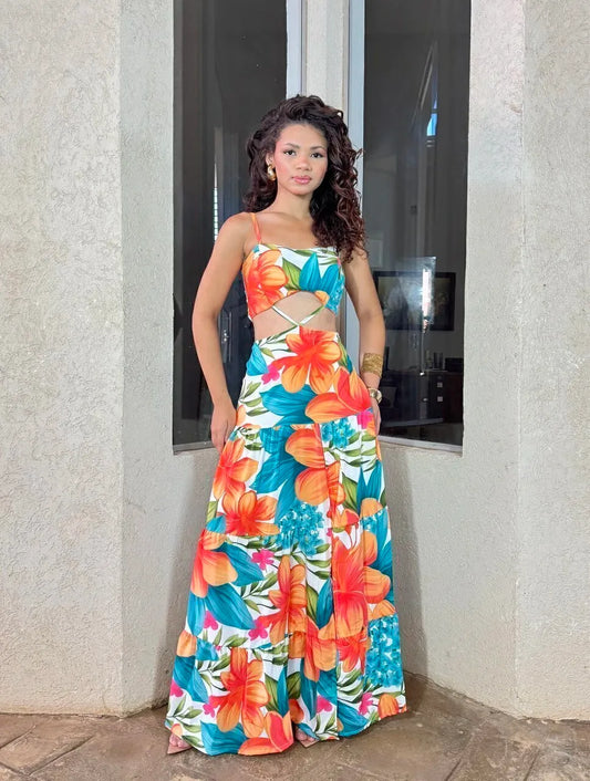 Women's Dress with Orange and Blue Leaf Print - Serena Long