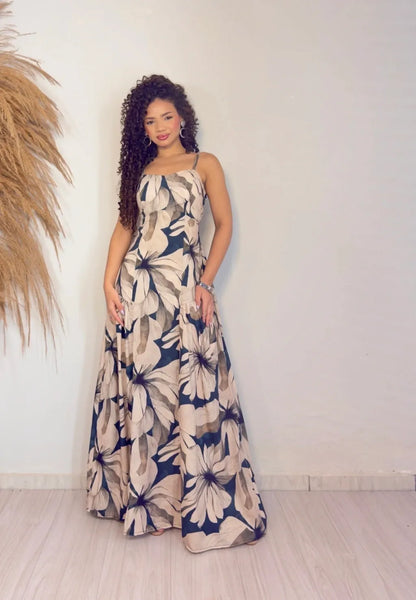 Women's Long Dress Cloe Leaf Background Gray