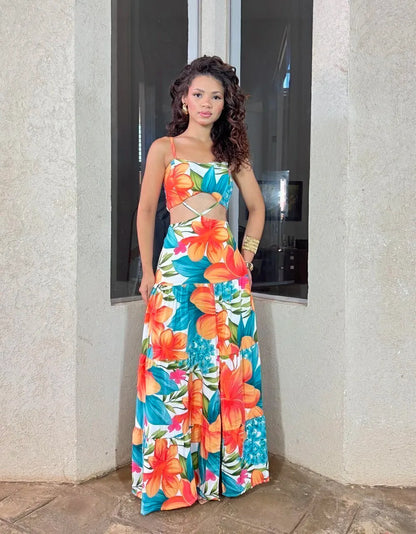 Women's Dress with Orange and Blue Leaf Print - Serena Long