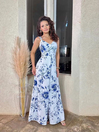 Women's Jumpsuit with Blue Leaves