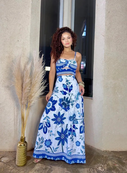 Women's Isis Set: Cropped Top and Long Skirt with Blue Prints