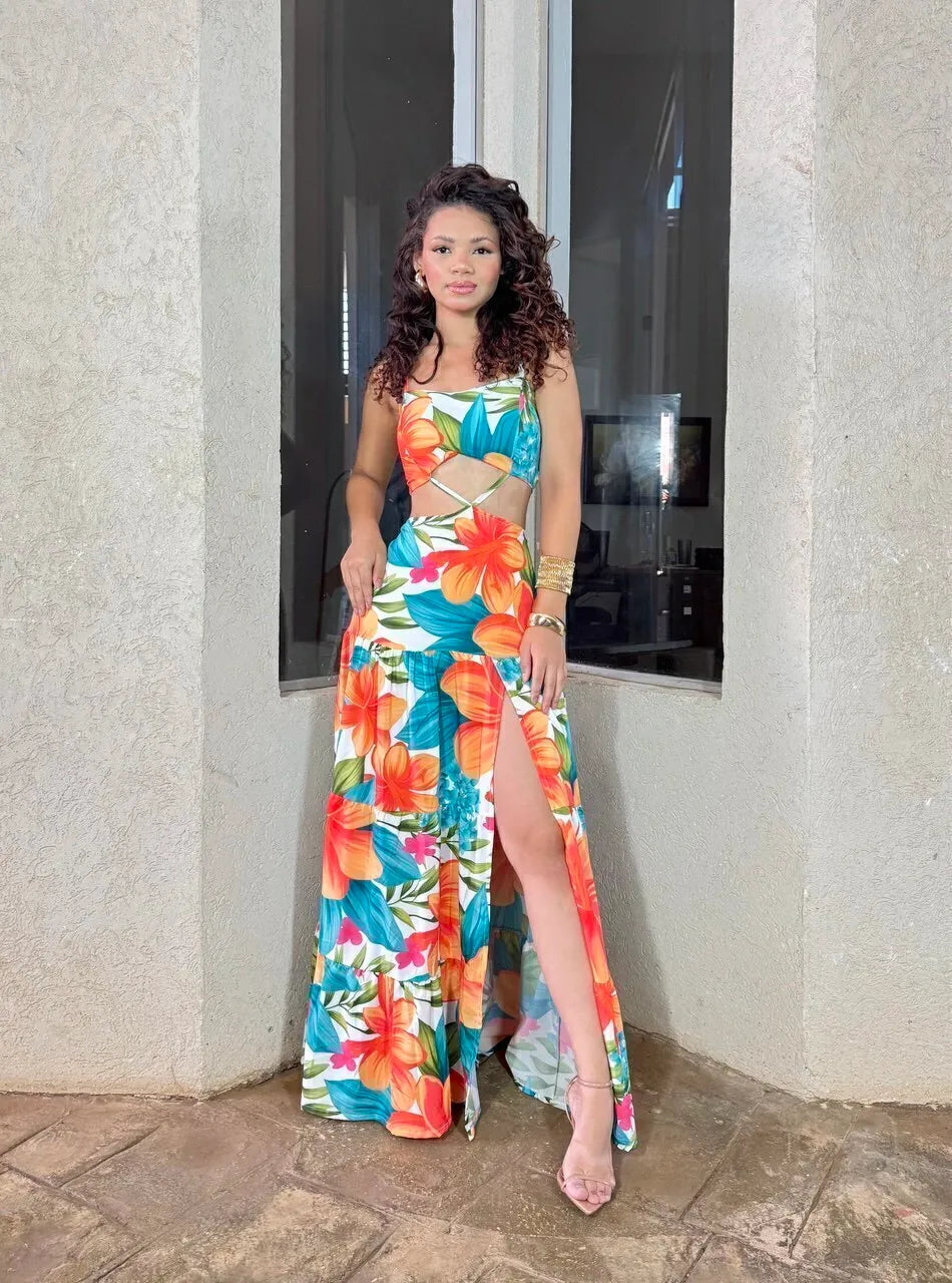 Women's Dress with Orange and Blue Leaf Print - Serena Long