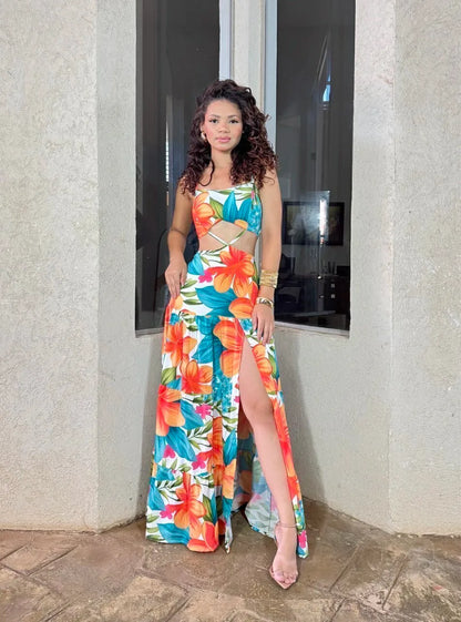 Women's Dress with Orange and Blue Leaf Print - Serena Long