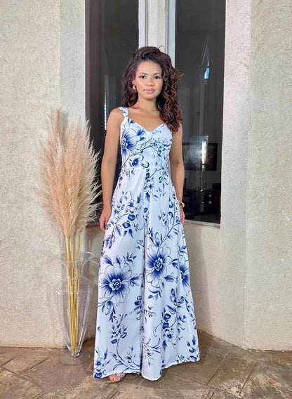 Women's Jumpsuit with Blue Leaves